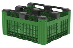 Perforovaný plastový paletový box 1200 × 1000 × 580 mm – 3 ližiny
