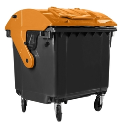 Plastový kontejner 1 100 l černý, oranžové kulaté víko s vhozem - víko ve víku 