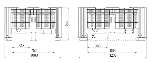Perforovaný plastový paletový box 1200 × 1000 × 580 mm – 4 nohy